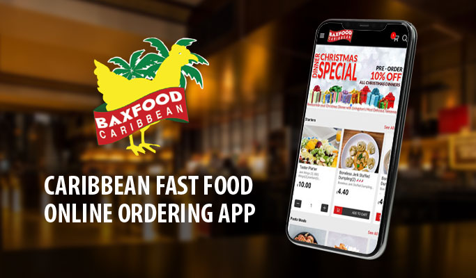 Screenshot of the BaxFood Caribbean takeaway app showing the user interface for ordering Caribbean dishes.