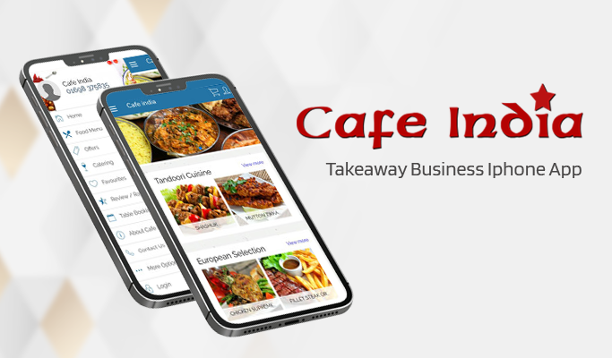 Cafe India takeaway app interface on mobile devices.