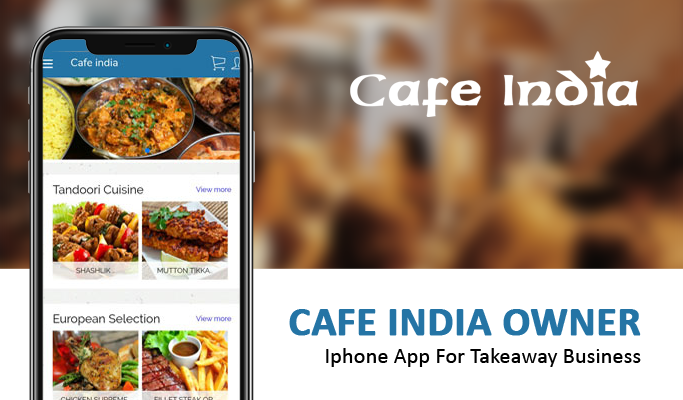 Cafe India Owner iPhone app displaying Indian and Italian food options.