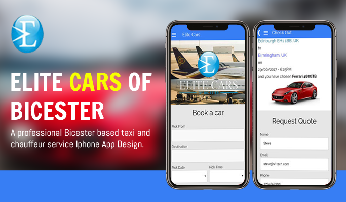Screenshot of Elite Cars taxi and chauffeur service iPhone app interface.
