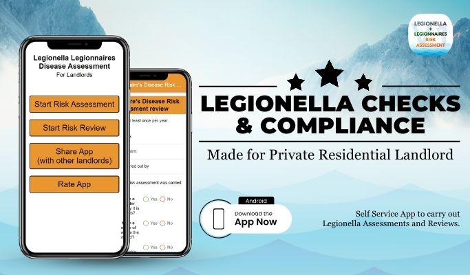 Screenshot of the Legionella Checks & Compliance app showing user interface.