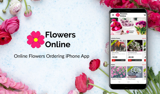 Screenshot of Online Flowers Ordering iPhone App interface.