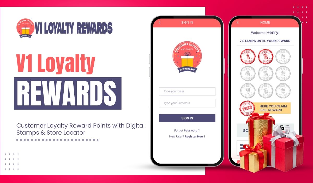 V1 Loyalty Rewards promotional banner with mobile app and gift boxes