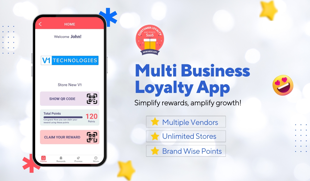V1 Multi-Vendor Loyalty Points App interface showcasing features like multiple vendors, unlimited stores, and QR code-based rewards system.