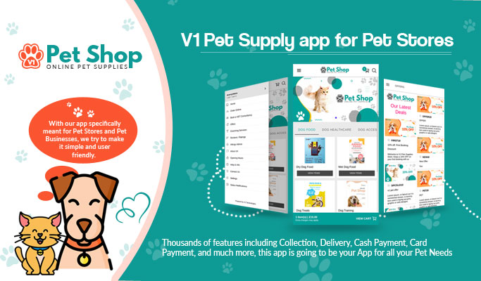 V1 Pets mobile app interface showcasing pet products and grooming services.