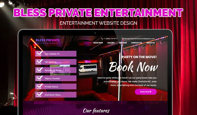 Screenshot of Bless Private Entertainment website designed by V1 Technologies.