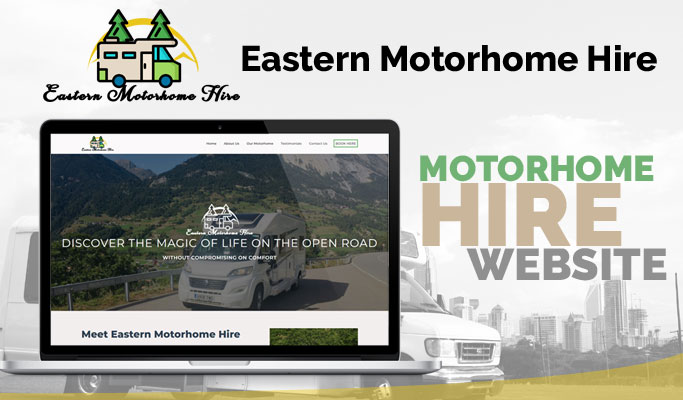 Screenshot of the Eastern Motorhome Hire homepage, showcasing motorhome listings and booking options.