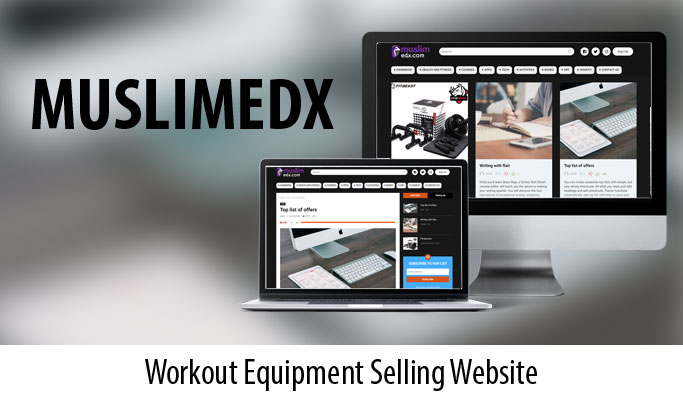 MUSLIMEDX workout equipment website on laptop and desktop screens.