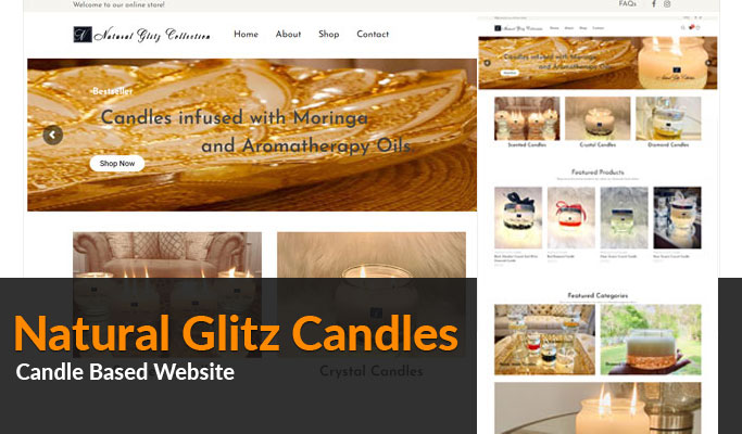 Screenshot of the Natural Glitz Candles homepage showcasing product listings