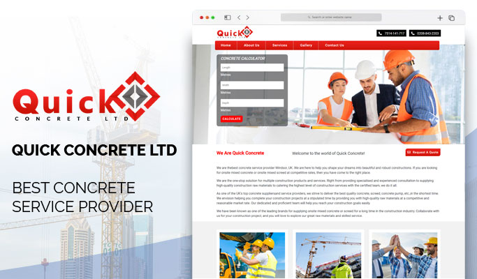 Screenshot of Quick Concrete Ltd's website showcasing concrete services.
