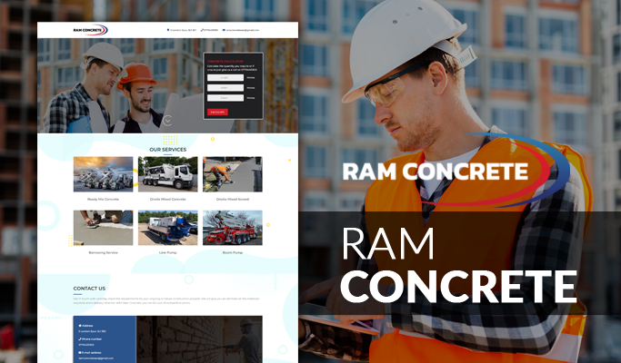 Screenshot of Ram Concrete's homepage highlighting professional web design.