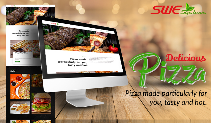Computer displaying pizza website with 'Pizza made particularly for you.