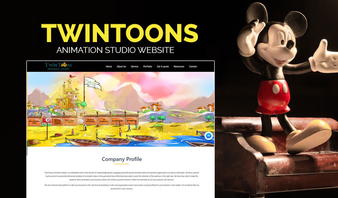 Screenshot of TwinToons Animation Studio homepage featuring animated videos and illustrations.